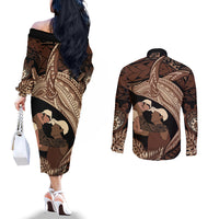 Father's Day Polynesian Pattern Couples Matching Off The Shoulder Long Sleeve Dress and Long Sleeve Button Shirt Tropical Humpback Whale