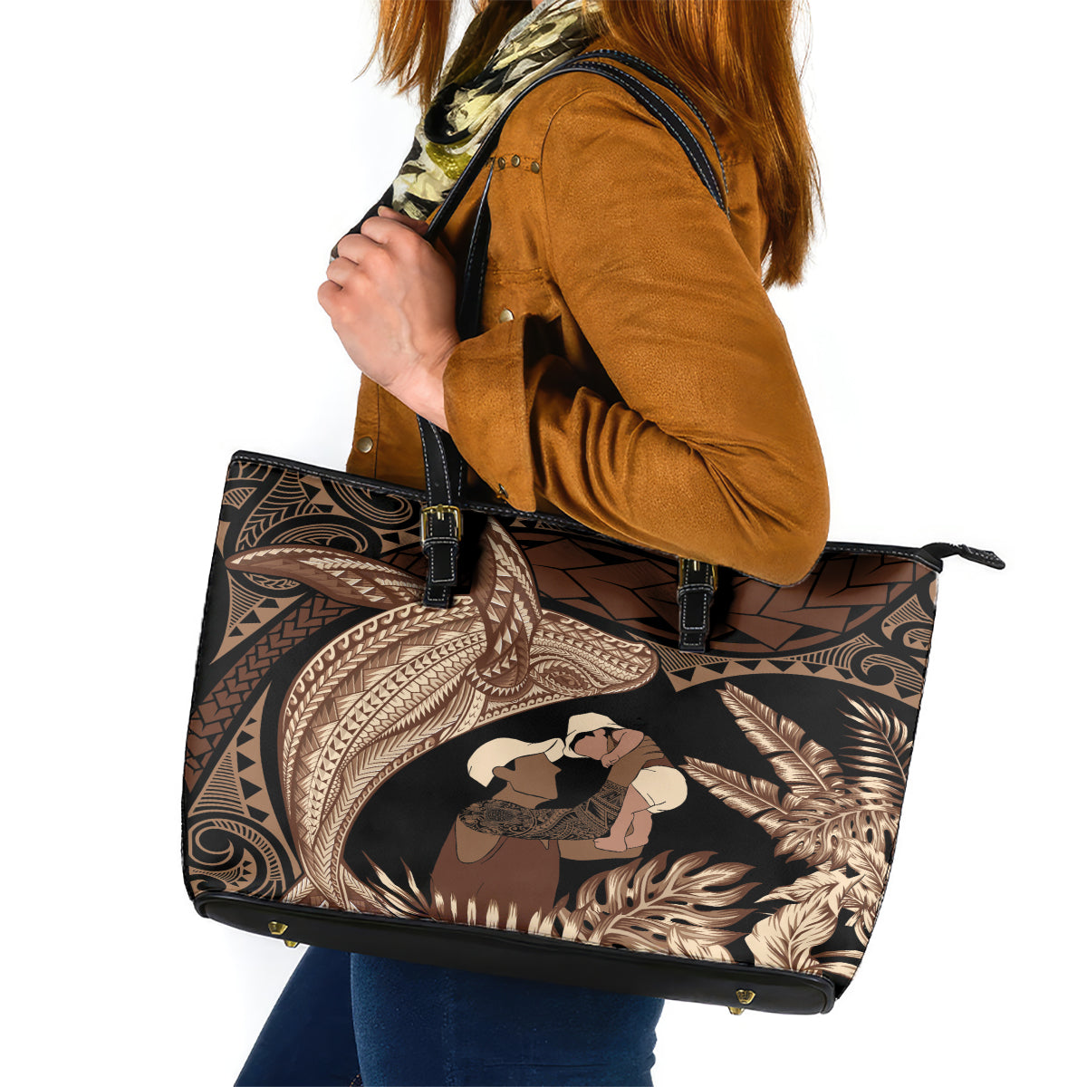 Father's Day Polynesian Pattern Leather Tote Bag Tropical Humpback Whale