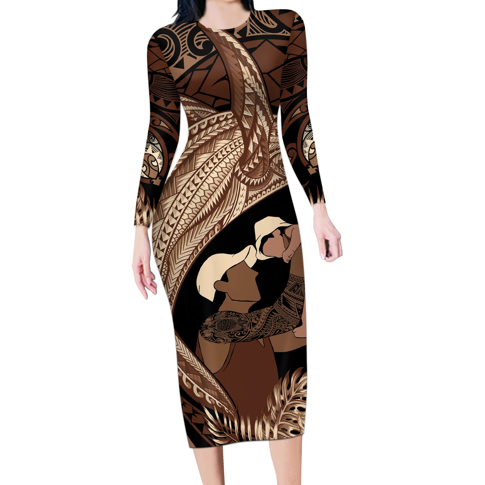 Father's Day Polynesian Pattern Long Sleeve Bodycon Dress Tropical Humpback Whale