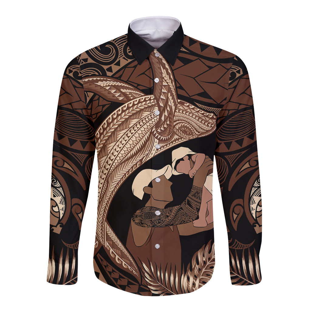 Father's Day Polynesian Pattern Long Sleeve Button Shirt Tropical Humpback Whale