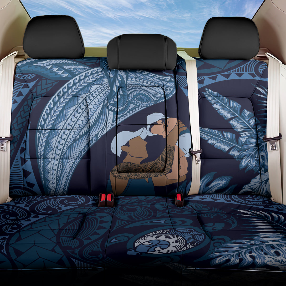 Father's Day Polynesian Pattern Back Car Seat Cover Tropical Humpback Whale - Navy