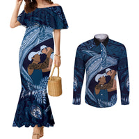 Father's Day Polynesian Pattern Couples Matching Mermaid Dress and Long Sleeve Button Shirt Tropical Humpback Whale - Navy