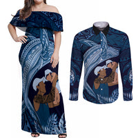 Father's Day Polynesian Pattern Couples Matching Off Shoulder Maxi Dress and Long Sleeve Button Shirt Tropical Humpback Whale - Navy