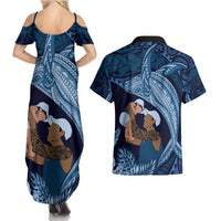 Father's Day Polynesian Pattern Couples Matching Summer Maxi Dress and Hawaiian Shirt Tropical Humpback Whale - Navy