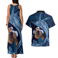 Father's Day Polynesian Pattern Couples Matching Tank Maxi Dress and Hawaiian Shirt Tropical Humpback Whale - Navy