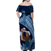 Father's Day Polynesian Pattern Family Matching Off Shoulder Maxi Dress and Hawaiian Shirt Tropical Humpback Whale - Navy