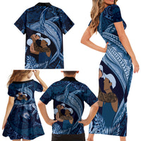 Father's Day Polynesian Pattern Family Matching Short Sleeve Bodycon Dress and Hawaiian Shirt Tropical Humpback Whale - Navy