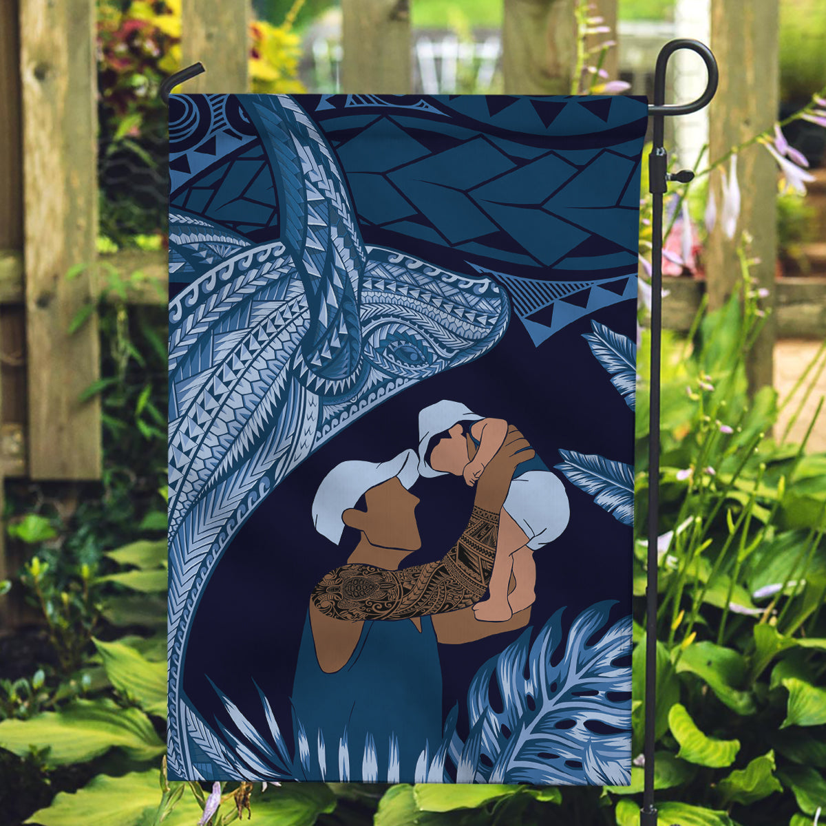 Father's Day Polynesian Pattern Garden Flag Tropical Humpback Whale - Navy
