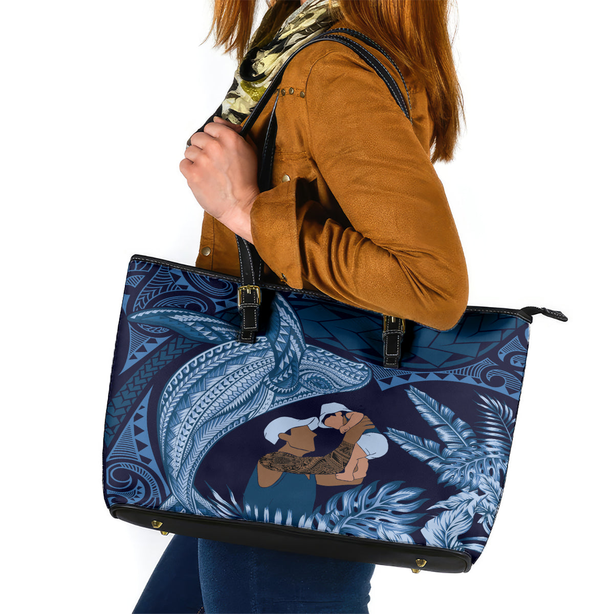 Father's Day Polynesian Pattern Leather Tote Bag Tropical Humpback Whale - Navy