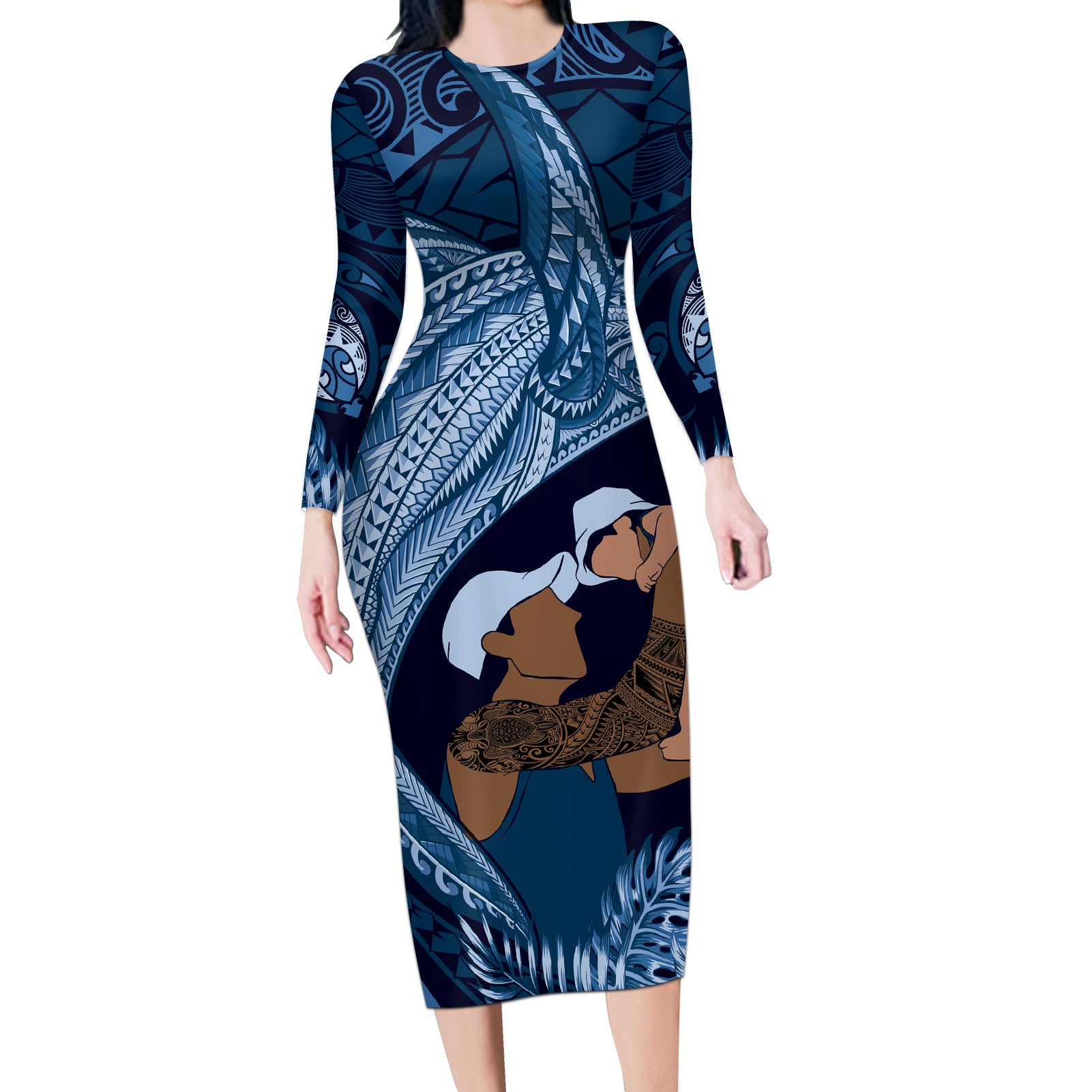 Father's Day Polynesian Pattern Long Sleeve Bodycon Dress Tropical Humpback Whale - Navy
