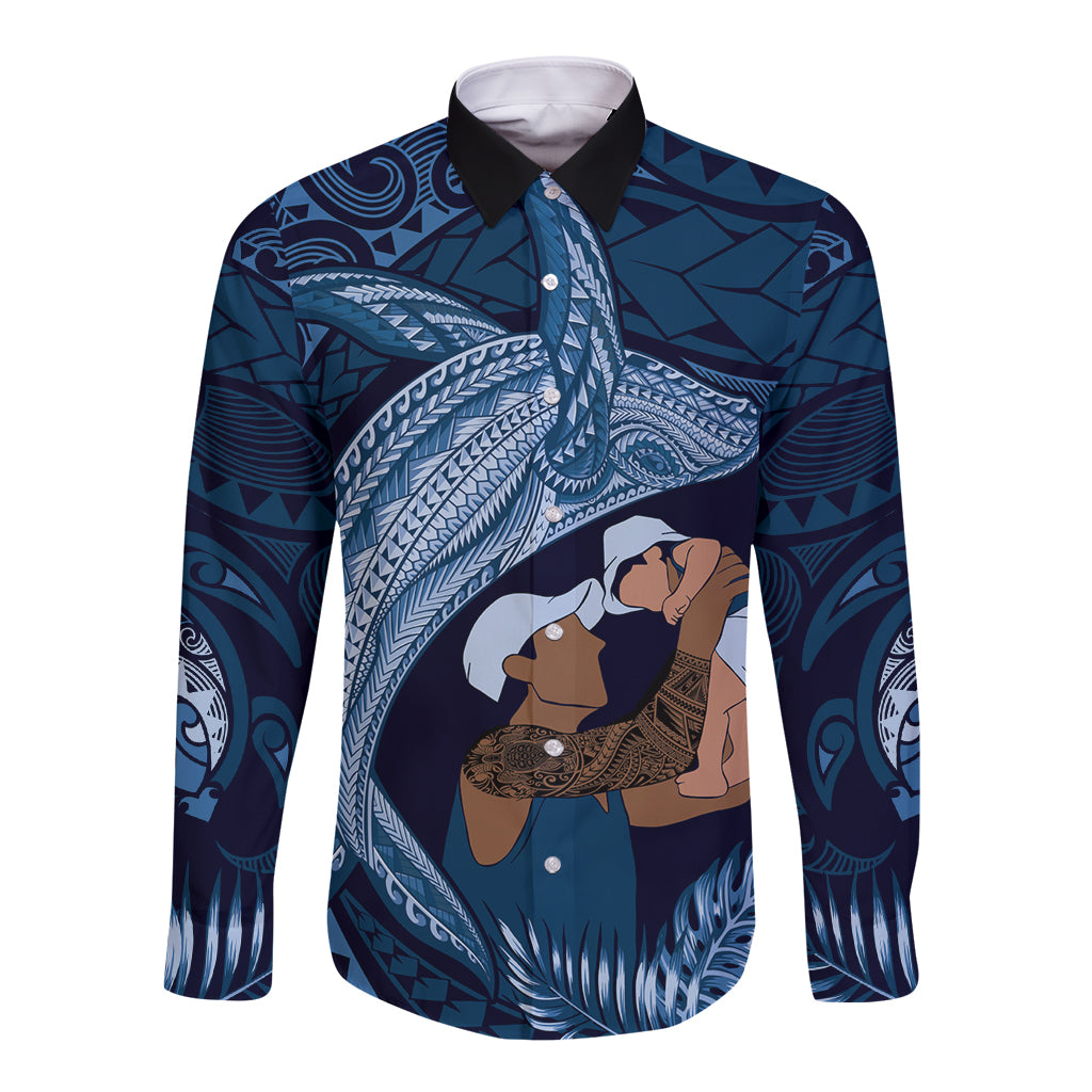 Father's Day Polynesian Pattern Long Sleeve Button Shirt Tropical Humpback Whale - Navy