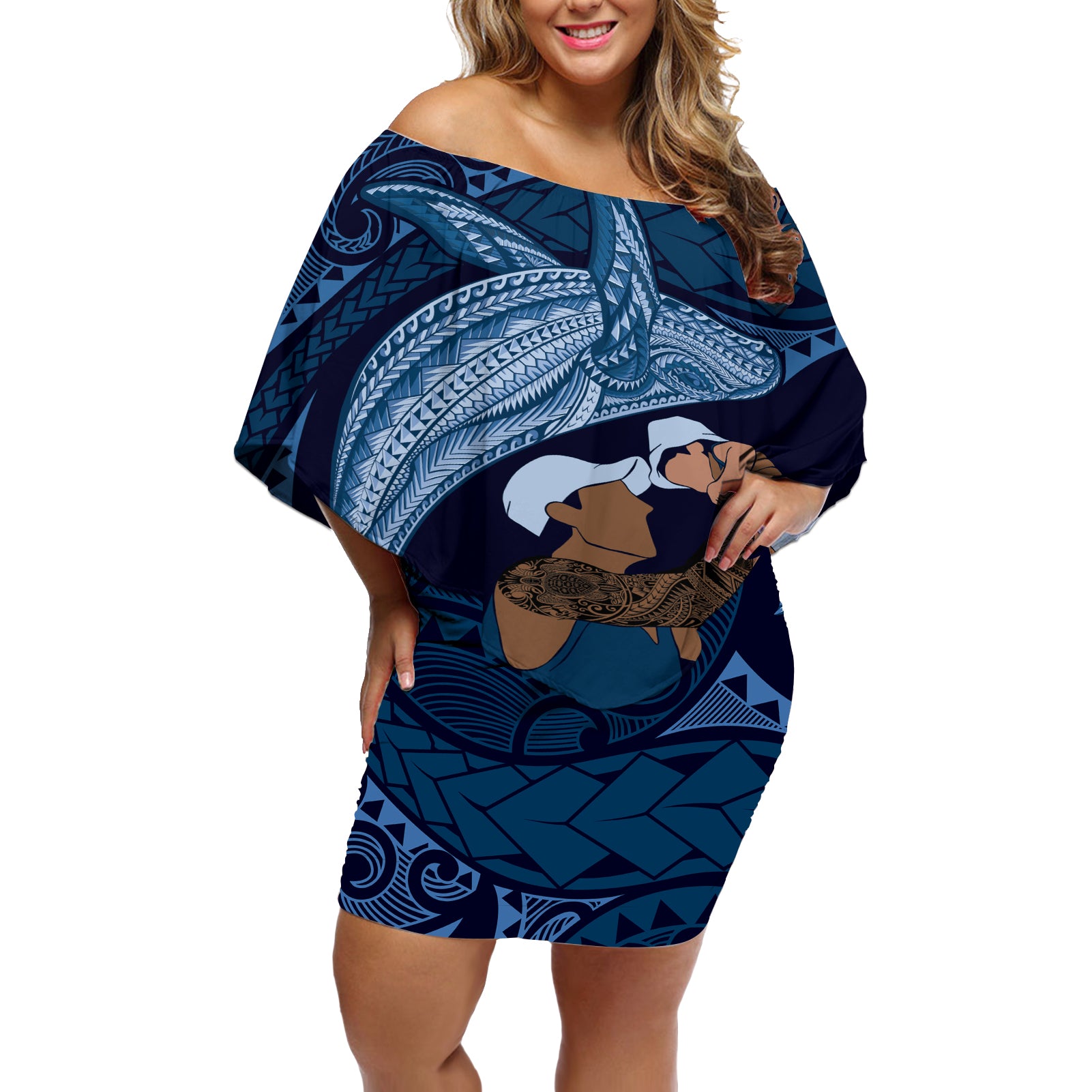 Father's Day Polynesian Pattern Off Shoulder Short Dress Tropical Humpback Whale - Navy