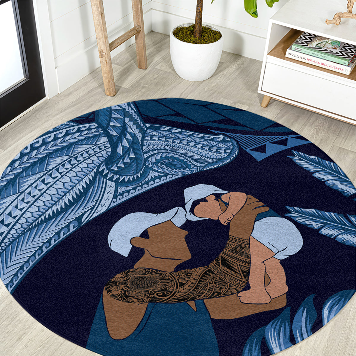 Father's Day Polynesian Pattern Round Carpet Tropical Humpback Whale - Navy