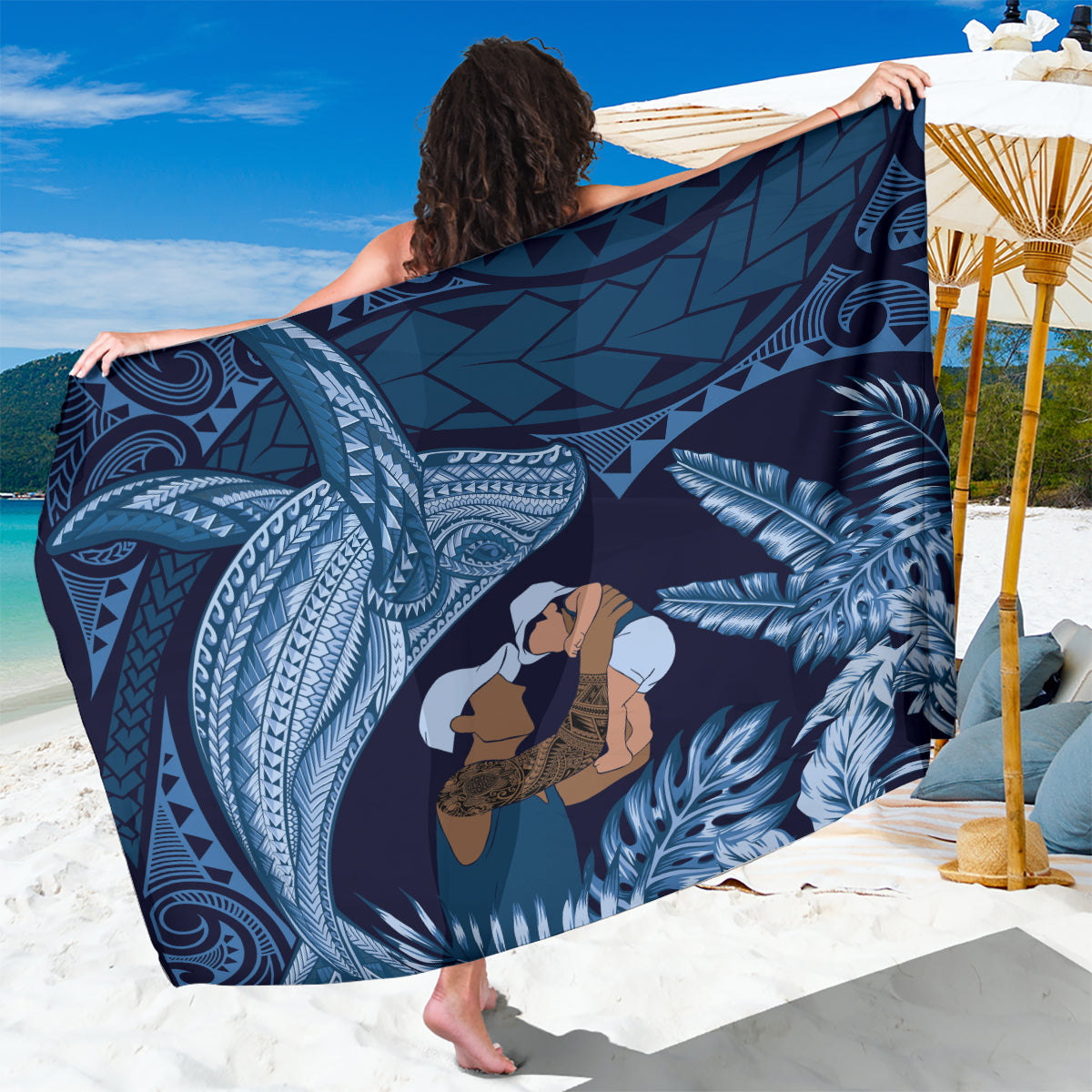 Father's Day Polynesian Pattern Sarong Tropical Humpback Whale - Navy