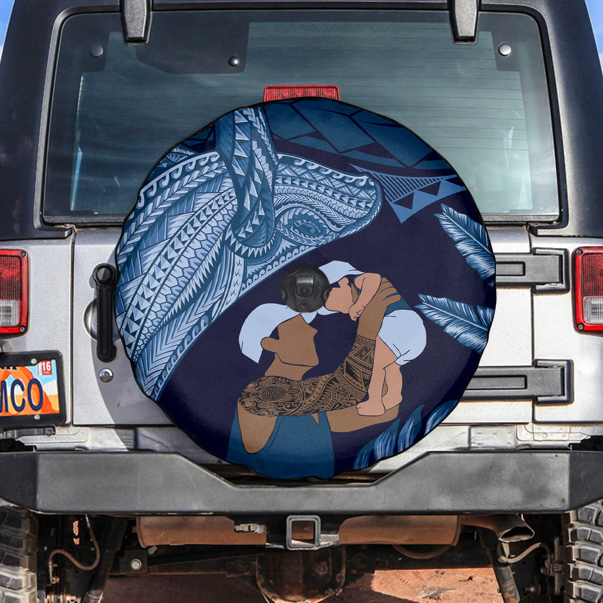 Father's Day Polynesian Pattern Spare Tire Cover Tropical Humpback Whale - Navy