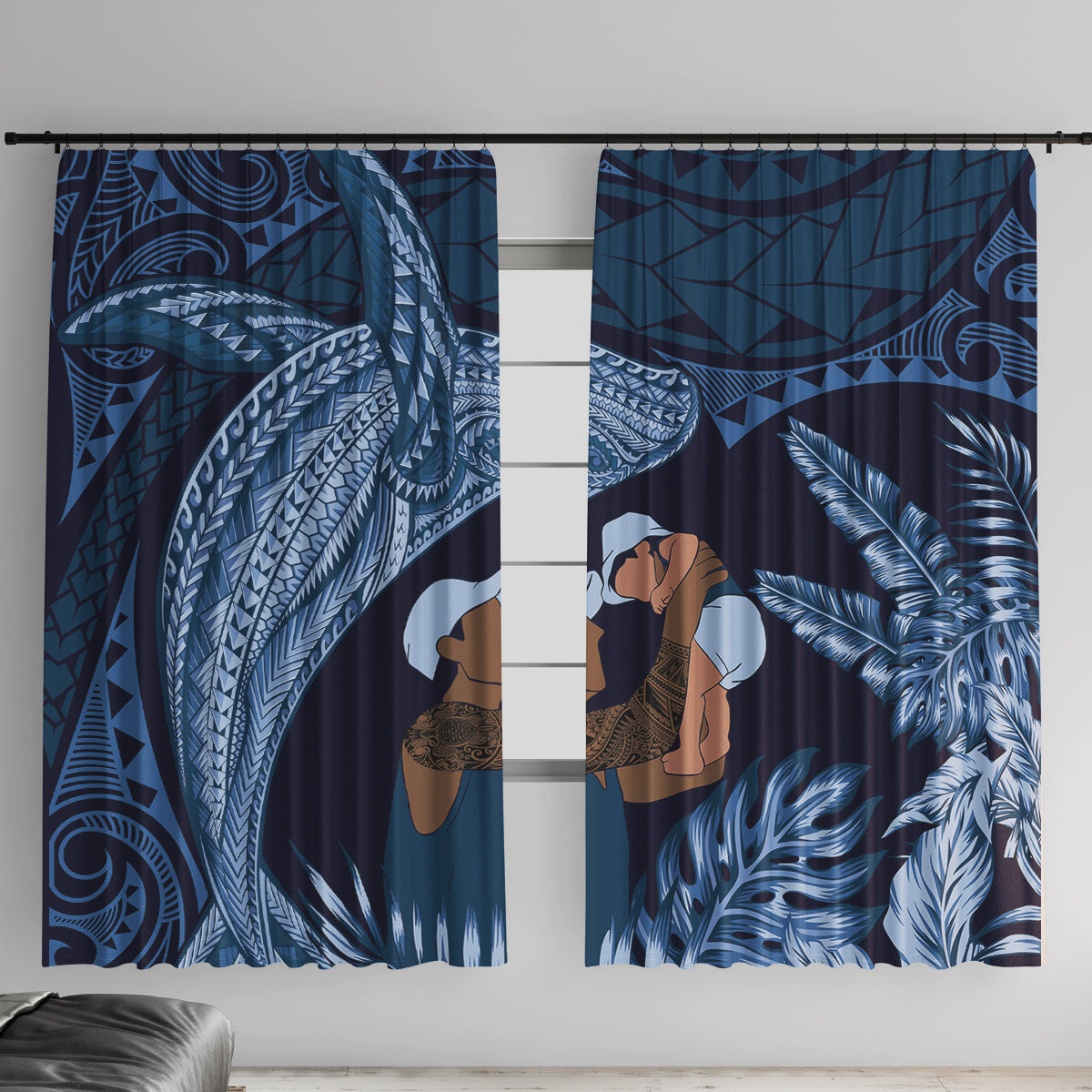 Father's Day Polynesian Pattern Window Curtain Tropical Humpback Whale - Navy
