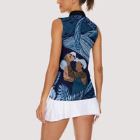 Father's Day Polynesian Pattern Women Sleeveless Polo Shirt Tropical Humpback Whale - Navy