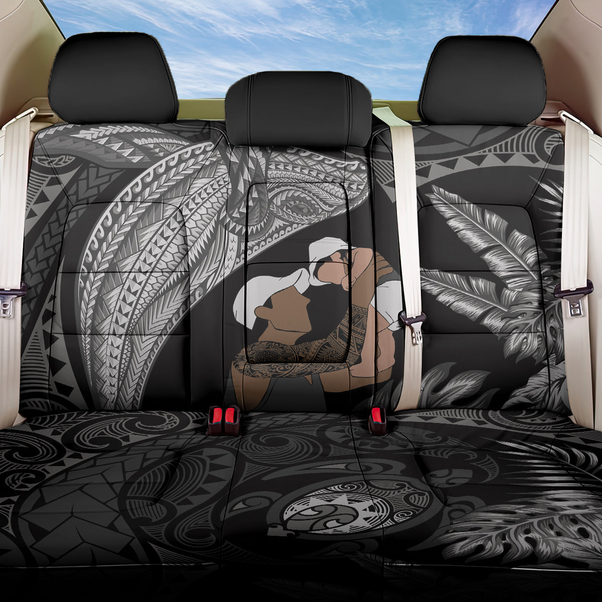 Father's Day Polynesian Pattern Back Car Seat Cover Tropical Humpback Whale - Black