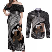 Father's Day Polynesian Pattern Couples Matching Off Shoulder Maxi Dress and Long Sleeve Button Shirt Tropical Humpback Whale - Black