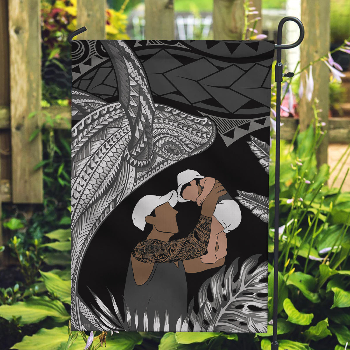 Father's Day Polynesian Pattern Garden Flag Tropical Humpback Whale - Black