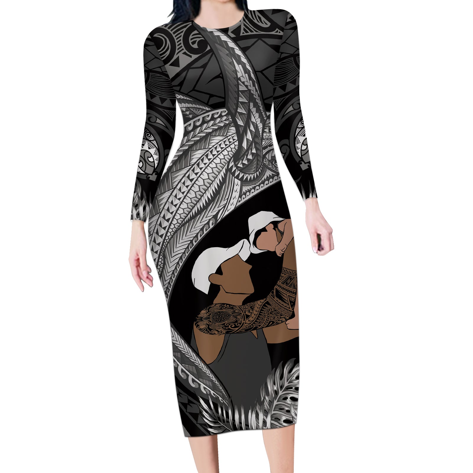 Father's Day Polynesian Pattern Long Sleeve Bodycon Dress Tropical Humpback Whale - Black