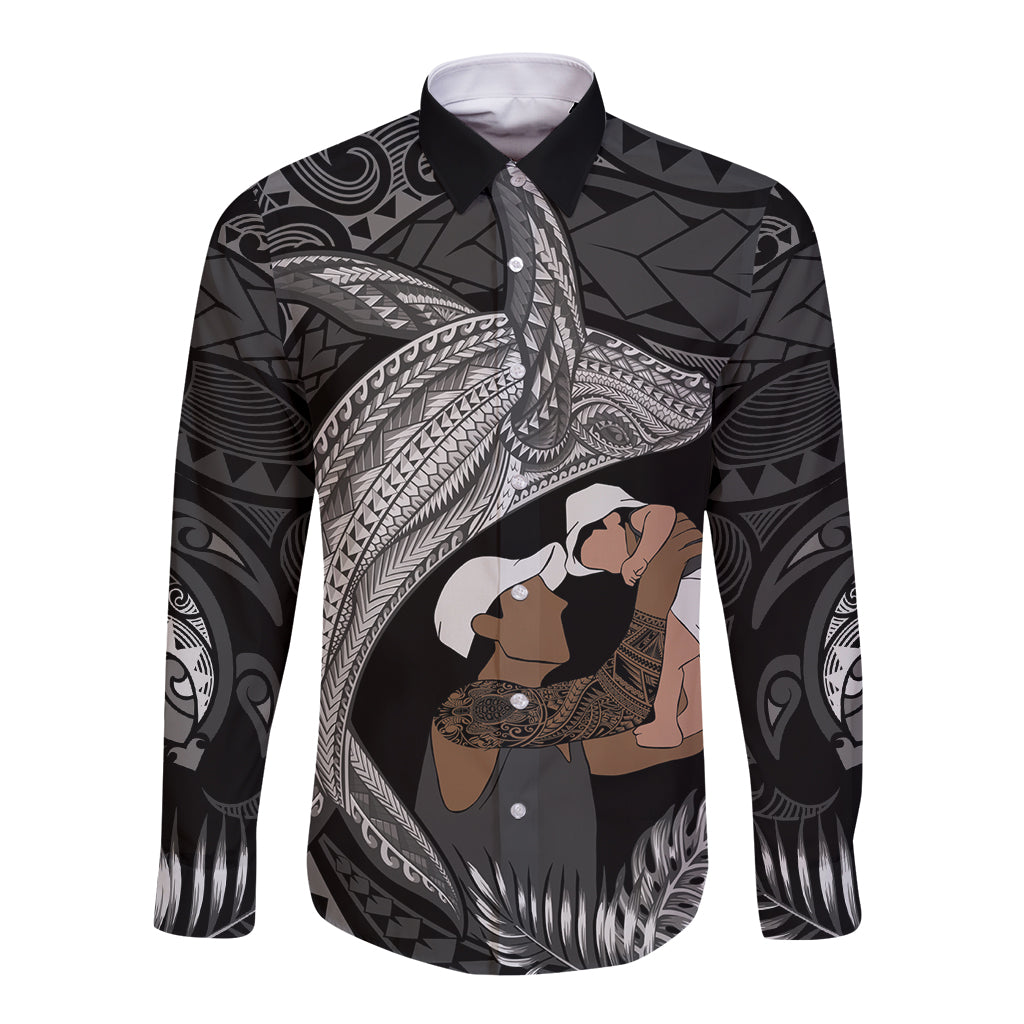 Father's Day Polynesian Pattern Long Sleeve Button Shirt Tropical Humpback Whale - Black