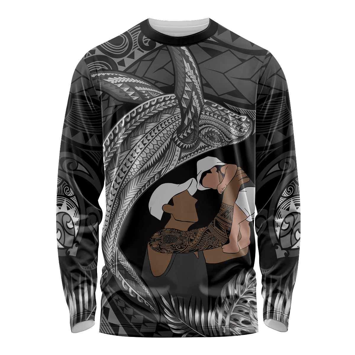 Father's Day Polynesian Pattern Long Sleeve Shirt Tropical Humpback Whale - Black