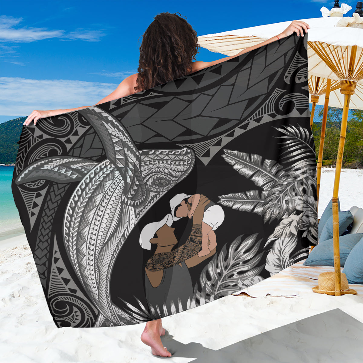 Father's Day Polynesian Pattern Sarong Tropical Humpback Whale - Black