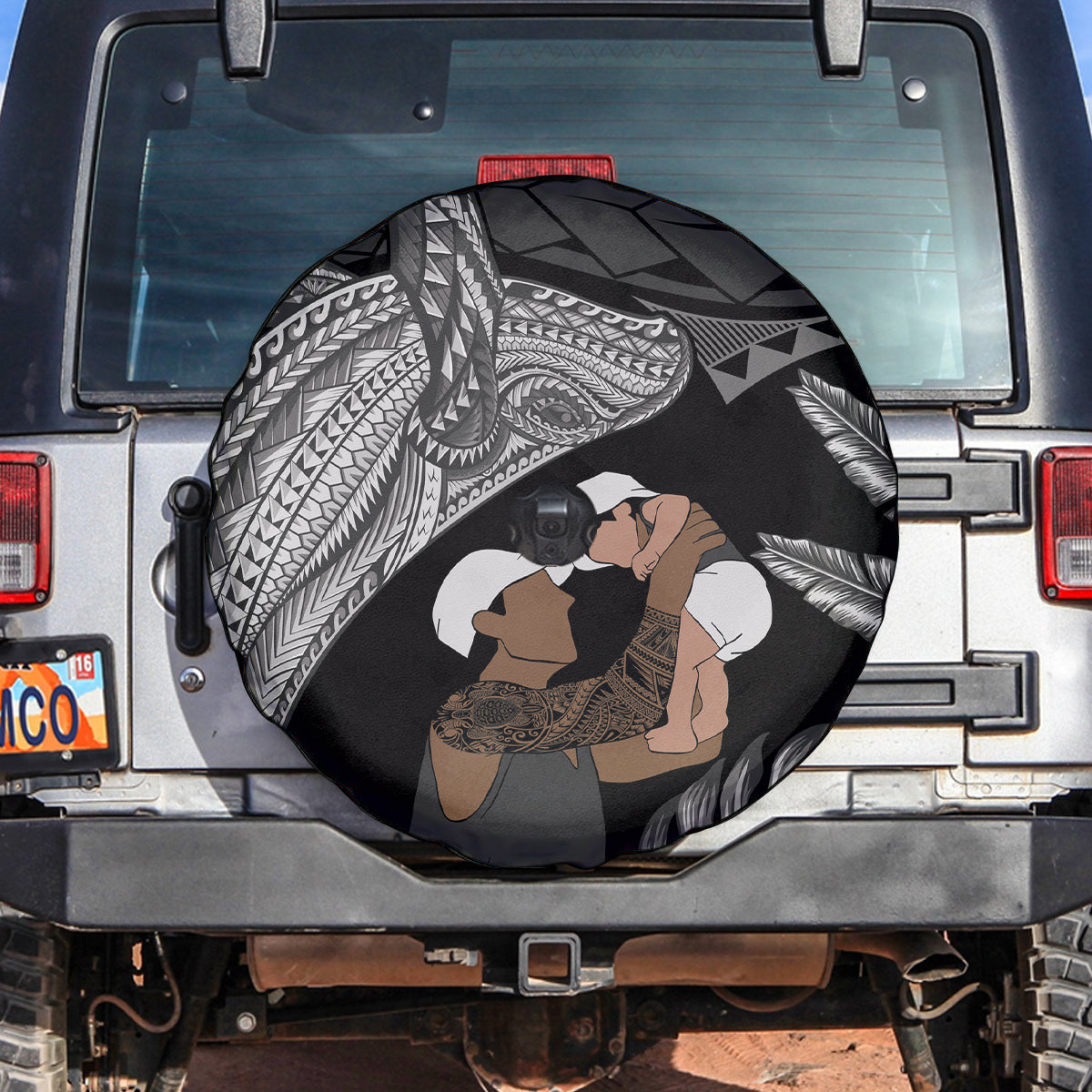 Father's Day Polynesian Pattern Spare Tire Cover Tropical Humpback Whale - Black