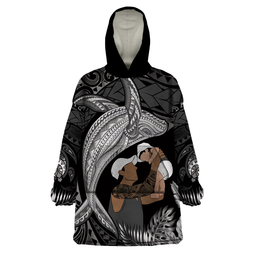 Father's Day Polynesian Pattern Wearable Blanket Hoodie Tropical Humpback Whale - Black