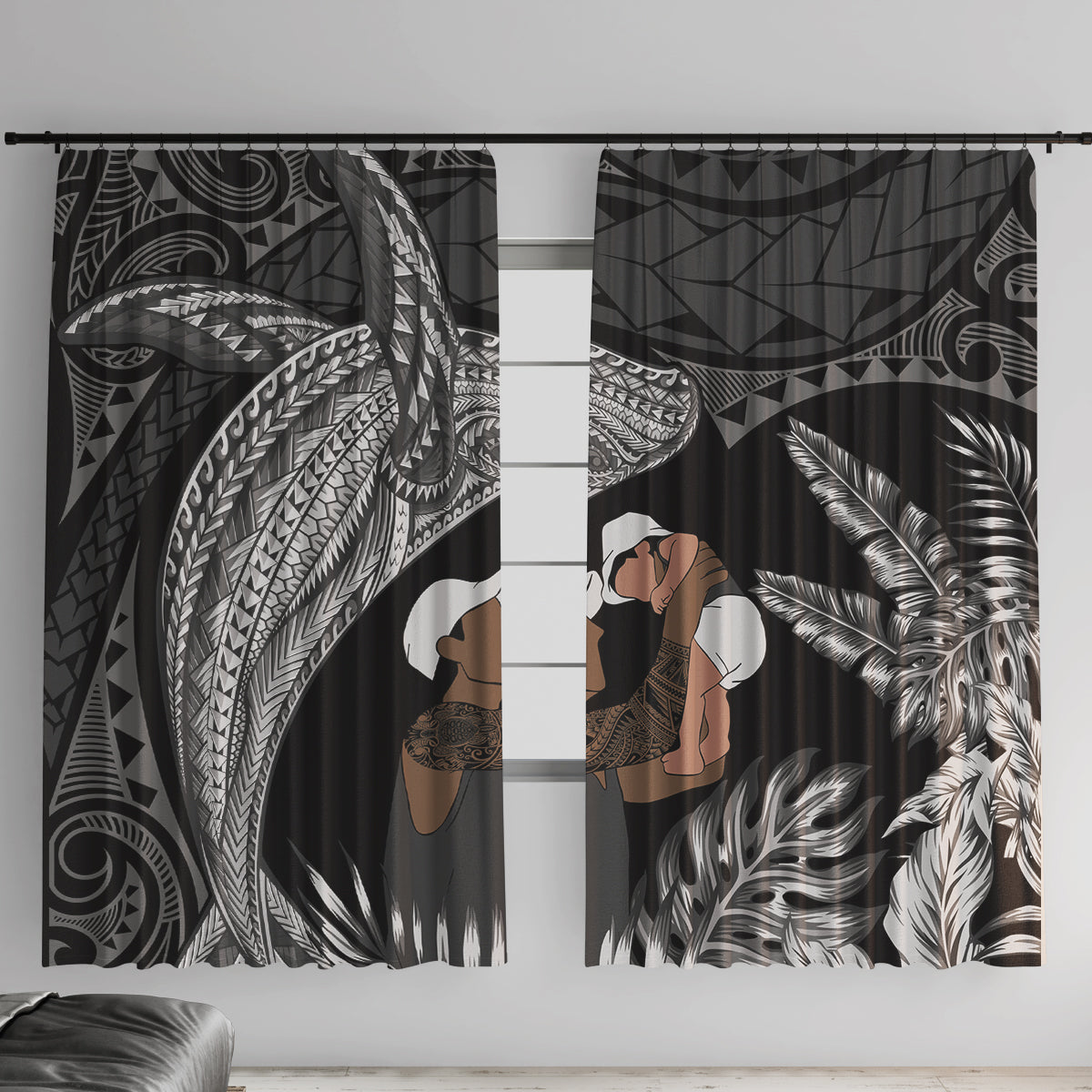 Father's Day Polynesian Pattern Window Curtain Tropical Humpback Whale - Black