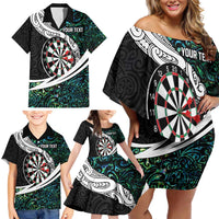 Personalized NZ Darts Family Matching Off Shoulder Short Dress and Hawaiian Shirt Paua Shell Maori Koru Whakairo - Polynesian Pride