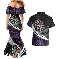 Personalized NZ Darts Couples Matching Mermaid Dress and Hawaiian Shirt Paua Shell Maori Koru Whakairo - Purple - Polynesian Pride