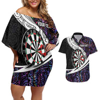 Personalized NZ Darts Couples Matching Off Shoulder Short Dress and Hawaiian Shirt Paua Shell Maori Koru Whakairo - Purple - Polynesian Pride