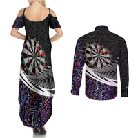 Personalized NZ Darts Couples Matching Summer Maxi Dress and Long Sleeve Button Shirt Paua Shell Maori Koru Whakairo - Purple LT7 - Polynesian Pride
