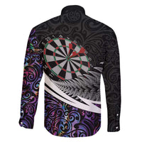 Personalized NZ Darts Family Matching Off The Shoulder Long Sleeve Dress and Hawaiian Shirt Paua Shell Maori Koru Whakairo - Purple - Polynesian Pride