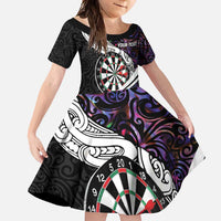 Personalized NZ Darts Family Matching Short Sleeve Bodycon Dress and Hawaiian Shirt Paua Shell Maori Koru Whakairo - Purple - Polynesian Pride