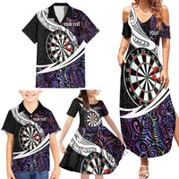Personalized NZ Darts Family Matching Summer Maxi Dress and Hawaiian Shirt Paua Shell Maori Koru Whakairo - Purple - Polynesian Pride