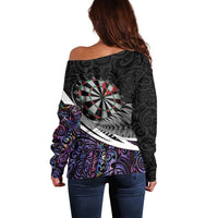 Personalized NZ Darts Off Shoulder Sweater Paua Shell Maori Koru Whakairo - Purple - Polynesian Pride