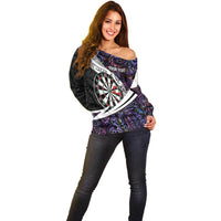 Personalized NZ Darts Off Shoulder Sweater Paua Shell Maori Koru Whakairo - Purple - Polynesian Pride