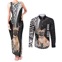 Personalised Polynesian Couples Matching Tank Maxi Dress and Long Sleeve Button Shirts Bulldog With Polynesian Patterns LT7 Black - Polynesian Pride