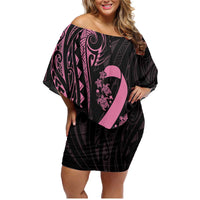 Polynesian Pink Power Family Matching Off Shoulder Short Dress and Hawaiian Shirt Breast Cancer Ribbon Turtle and Flowers
