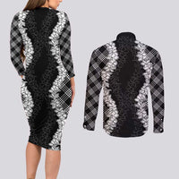 Hawaii Aloha Plumeria Lei Black Palaka Couples Matching Long Sleeve Bodycon Dress and Long Sleeve Button Shirt - Polynesian Pride