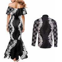 Hawaii Aloha Plumeria Lei Black Palaka Couples Matching Mermaid Dress and Long Sleeve Button Shirt - Polynesian Pride