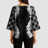 Hawaii Aloha Plumeria Lei Black Palaka Kimono Sleeve Blouse - Polynesian Pride