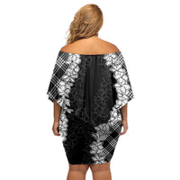 Hawaii Aloha Plumeria Lei Black Palaka Off Shoulder Short Dress - Polynesian Pride