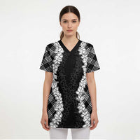 Hawaii Aloha Plumeria Lei Black Palaka Scrub Top - Polynesian Pride