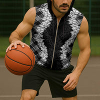 Hawaii Aloha Plumeria Lei Black Palaka Sleeveless Zip Hoodie - Polynesian Pride