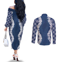 Hawaii Aloha Plumeria Lei Navy Palaka Couples Matching Off The Shoulder Long Sleeve Dress and Long Sleeve Button Shirt - Polynesian Pride