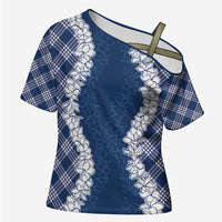 Hawaii Aloha Plumeria Lei Navy Palaka Cross Shoulder Shirt LT7 Female Navy Blue - Polynesian Pride